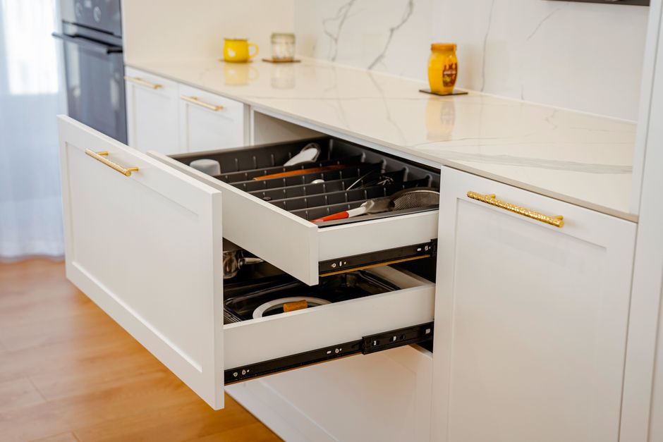 Detail of a custom wood kitchen drawer